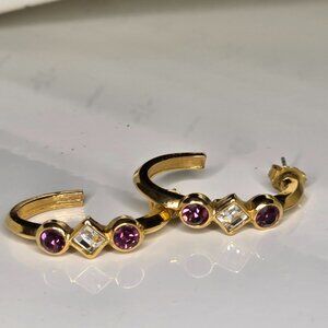 Avon Gold-Plated Hoop Earrings‎ With Purple & Clear Gemstones